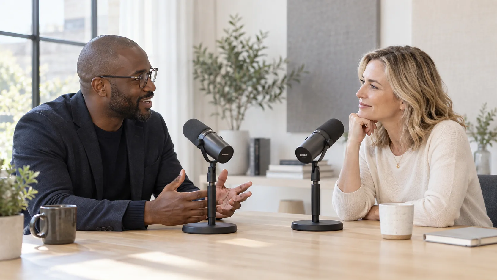A podcast guest mid-answer on a studio microphone while the host listens