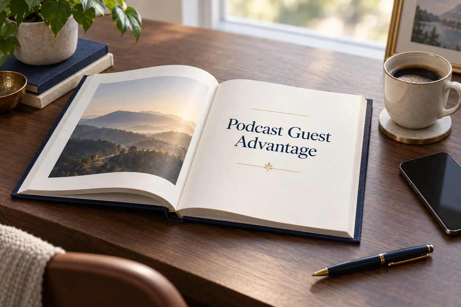 The Podcast Guest Advantage workbook lying open on a desk beside a coffee and a phone